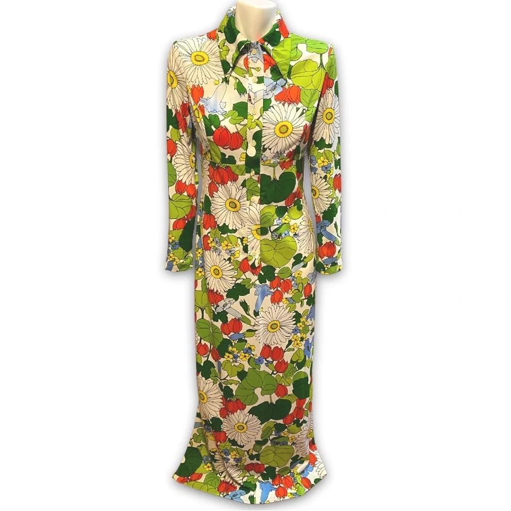 Vintage Anika Mod Flower Power Long Sleeve Maxi Dress Sz M Dagger Collar - Picture 3 of 14
